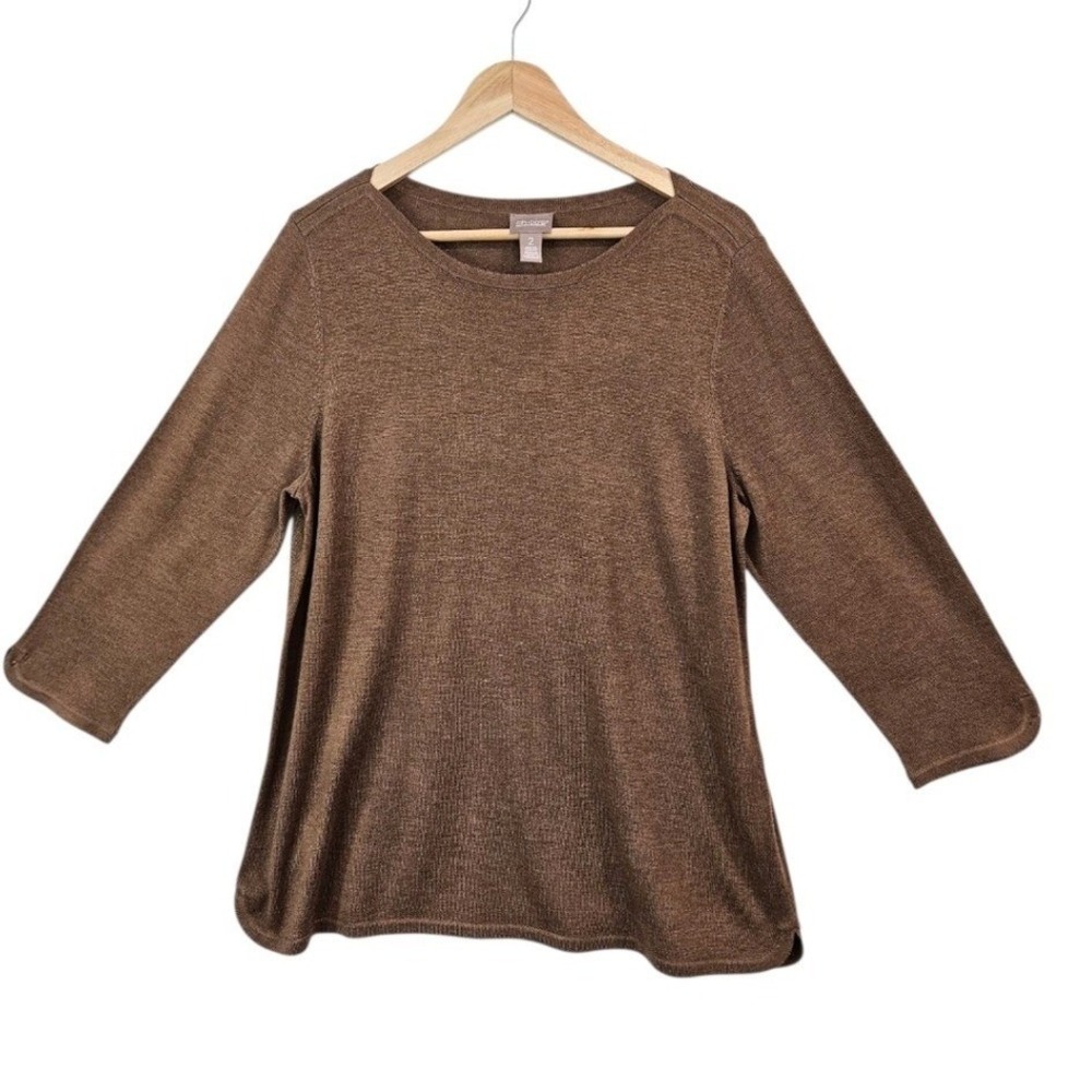 Chicos Brown Scoop Neck Sweater Top Large Chico 2 Cashmere Blend 3/4 Sleeve